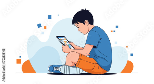 Young Boy Engaged With Tablet Device, Absorbed In Digital World, Vector Design