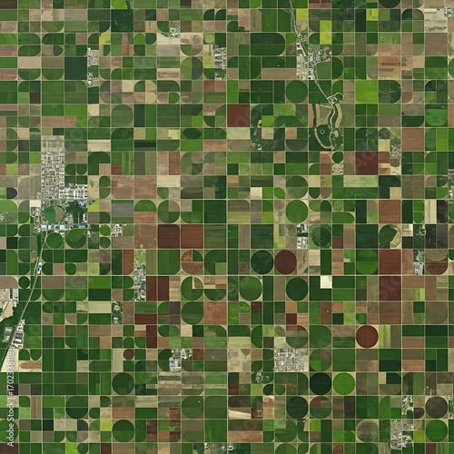 Aerial view of agricultural fields with geometric patterns.