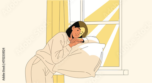 Woman Embraces Sunlight, Finding Solace And Serenity, Resting Near A Window Silhouetted
