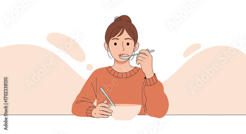 Woman Eating Soup Illustration With Trendy Style For Print, Editorial, And Advertisement Concepts