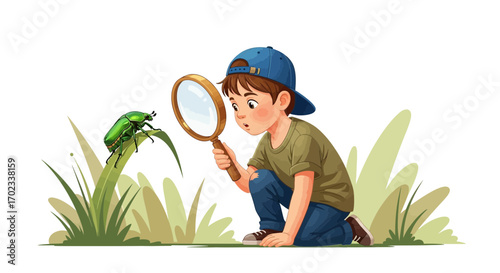 Young Boy Examining a Vibrant Insect with a Magnifying Glass Outdoors
