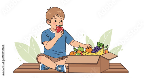 Young boy enjoys a healthy snack, eating an apple and surrounded by fresh fruits