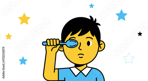 Young Boy Examining The World With A Spoon and Observing The Celestial Bodies
