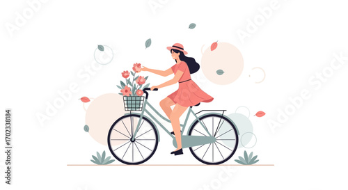 Woman enjoying a bike ride in the park amidst flowers and leaves in a vibrant illustration