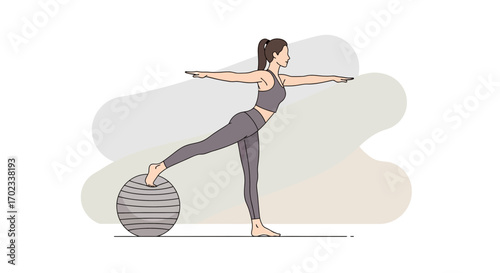 Woman Engaged In A Balancing Exercise on Yoga Ball with Arm Extension for Fitness