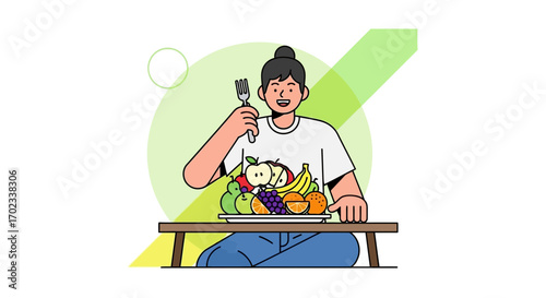 Woman Enjoying A Colorful Plate Of Fruits While Sitting At A Table Healthily