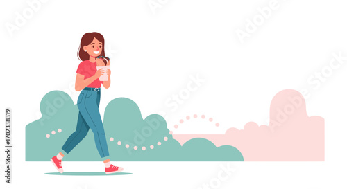 Woman Enjoying A Drink While Strolling in Green Spaces, Simple Digital Illustration