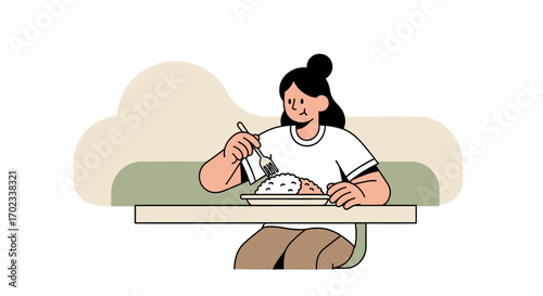 Woman Enjoying A Meal Alone, Eating, Eating With Enthusiasm, Joyful, Relaxed Mood, Simple Style