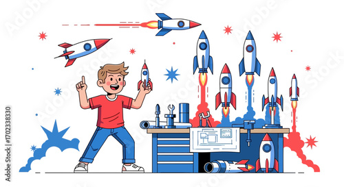 Young boy imagines launching rockets at a workshop with the help of tools and inspiration