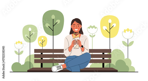 Woman enjoying a meal while sitting on a bench in a park with minimalist illustration