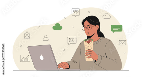 Woman Enjoying A Meal While Working Remotely On Laptop Demonstrating Modern Lifestyle