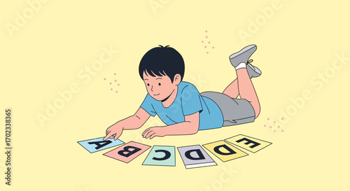 Young Boy Learning the Alphabet with Colorful Cards during a Study Session