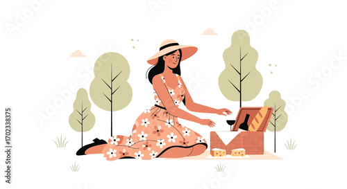 Woman enjoying a picnic in the park with a hat and floral dress, vector illustration