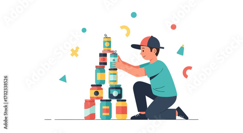 Young boy stacking cans symbolizing food supply, balance, and concept of care and donation