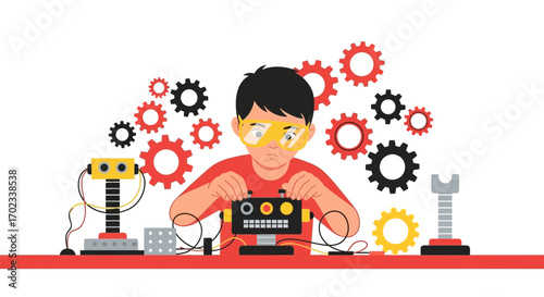 Young boy wearing safety glasses builds a robot with gears representing future technology