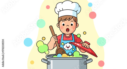 Young Chef Preparing Delicious Food in a Kitchen and Having Fun with Colorful Bubbles