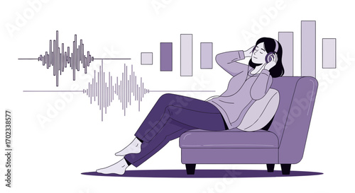 Woman Enjoying Music On Sofa, Listening Through Stereo Headphones, Relaxed Pose
