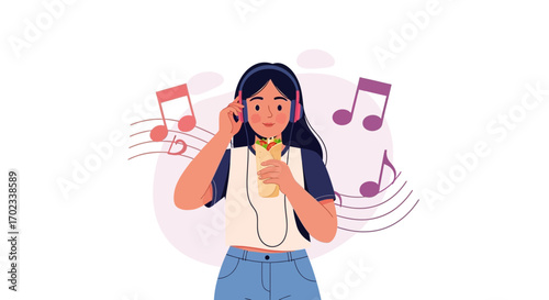 Woman Enjoying Music While Eating, Surrounded By Musical Notes, Blissful Moment