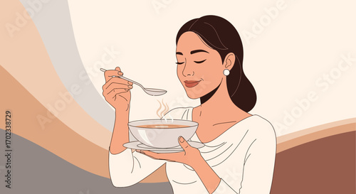 Woman Enjoying Soup: Illustration of Comfort and Culinary Contentment in Vector Art