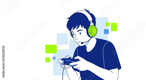 Young Gamer Enjoying A Video Game With A Controller And Sound Headset