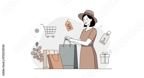 Woman Enjoying Shopping Experience With Trendy Hat And Retail Purchases