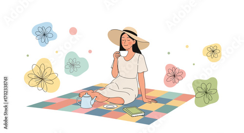 Woman enjoying tea on a picnic blanket surrounded by flowers in a charming illustration