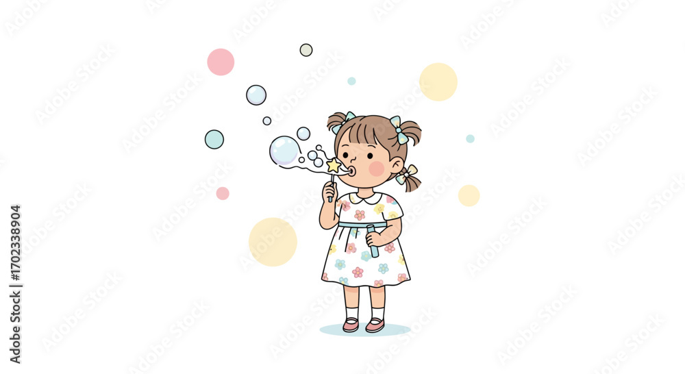 Fototapeta premium Young Girl Enjoys Making Airy Bubbles With a Star Wand in a Light, Playful Illustration