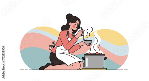 Woman Enjoys The Aroma While Cooking Delicious Meal In The Kitchen