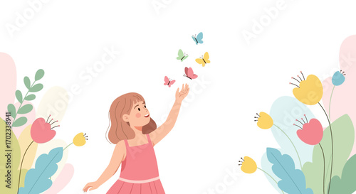 Young Girl Interacting With Butterflies Amidst Blossoms And Foliage In A Scenic Setting