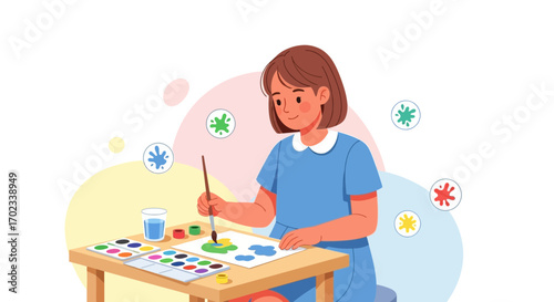 Young girl painting in art class with watercolor tools and brush on a table