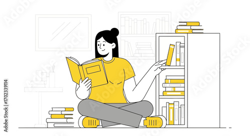 Woman Exploring Literature, Enjoying A Book While Choosing A Title From A Shelf