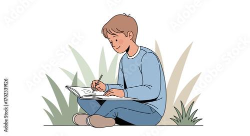 Young Male Figure Sketching Outdoors Creating Art With Nature's Touch And Tranquility