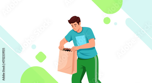 Young Male Investigates Contents Of A Shopping Bag With Green Abstract Shapes Background