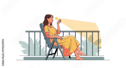 Woman Experiencing Sunlight While Relaxing On A Sunny Balcony, Feeling Serene Peace
