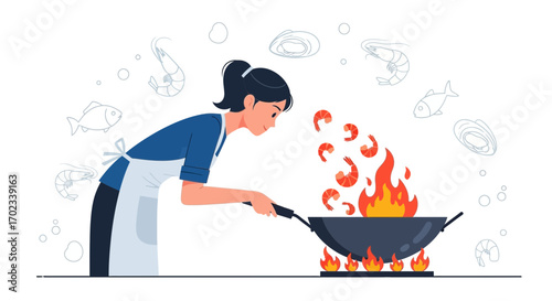 Woman Frying Shrimp, Asian Cuisine Cooking, Culinary Art, Food Illustration