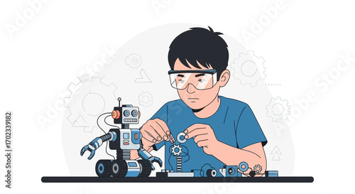 Young Inventor Assembling Mechanical Robot With Precision And Focus In Modern Illustration