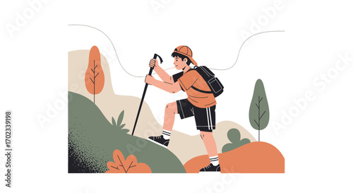 Young Man Ascending Mountain Path Depicting Scenic Adventures and Outdoor Recreation