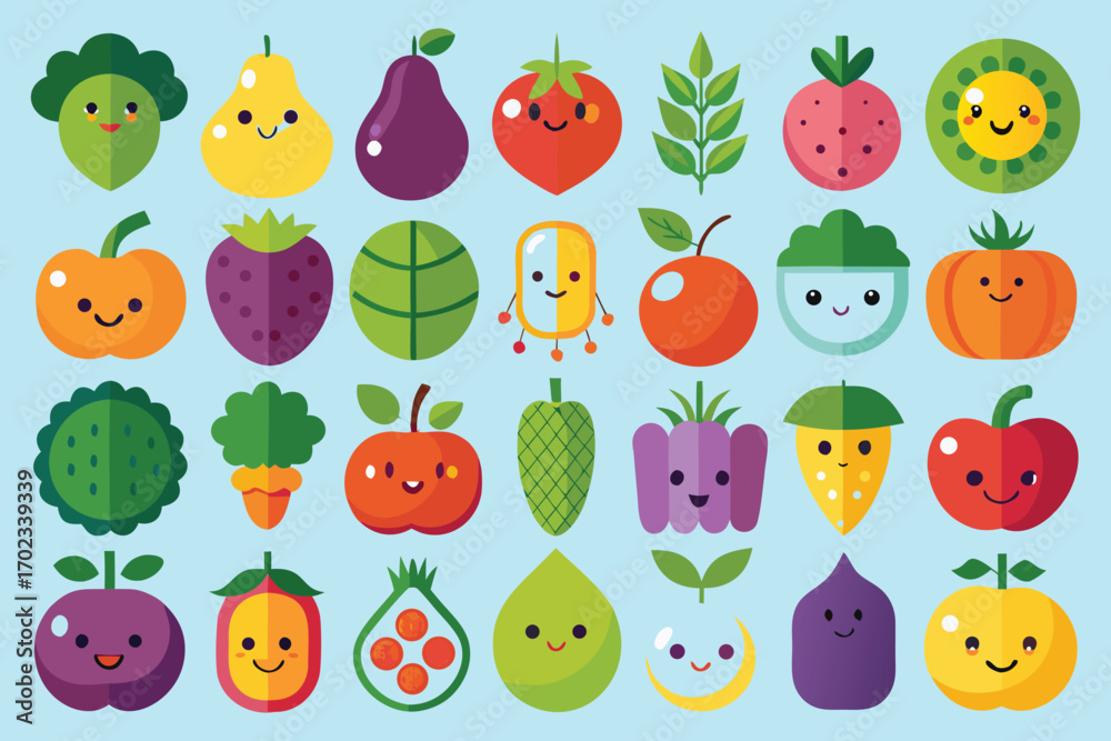 Fototapeta premium Collection of Cute Cartoon Fruits and Vegetables kawaii