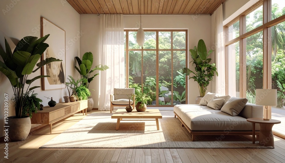 Fototapeta premium Sustainable Living Room Design with Green Decor and Sunlight