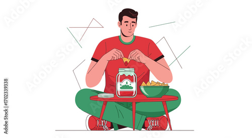 Young Man Enjoying Nachos With Salsa In A Simple Illustration Style