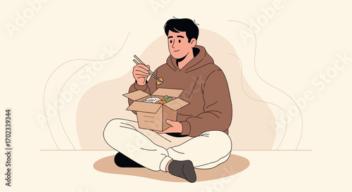 Young man enjoying takeaway food, eating noodles from a box with chopsticks at home
