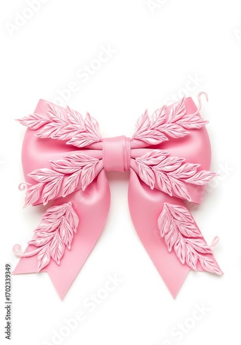 Delicate pink satin bow adorned with miniature leaf-like embellishments, creating a charming and elegant design.