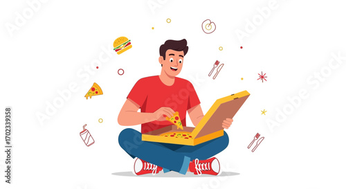 Young Man Enjoying Pizza, Fast Food Delight,  Joyful Moments and Tasty Treat