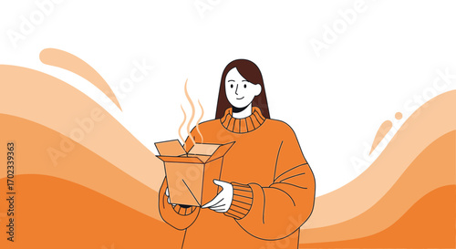 Woman Holding a Box of Hot Food with a Stylish Orange Background Design