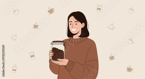Woman holding a jar of coffee beans in an illustration design with coffee elements