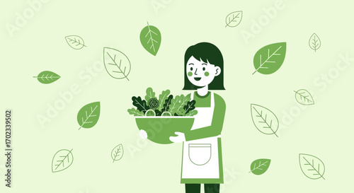 Woman holding bowl of salad healthy eating icon illustration fresh food concept