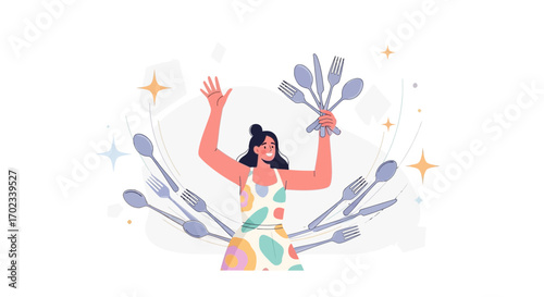Woman Holding Cutlery Smiling Joyfully Surrounded By Sparkling Tableware Elements