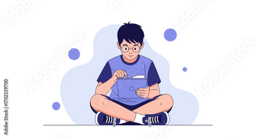 Young Man Reading a Book Illustration, Cartoon Illustration of a Boy Reading on the Floor