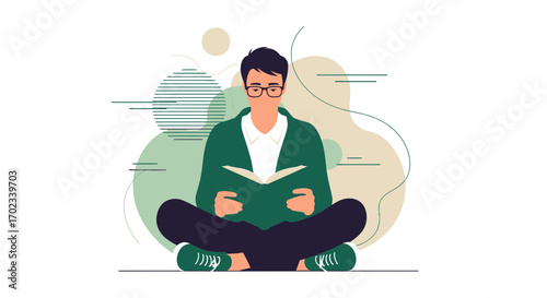 Young Man Reading Book While Sitting Relaxed, Peaceful, And Concentrated In Serene Calm