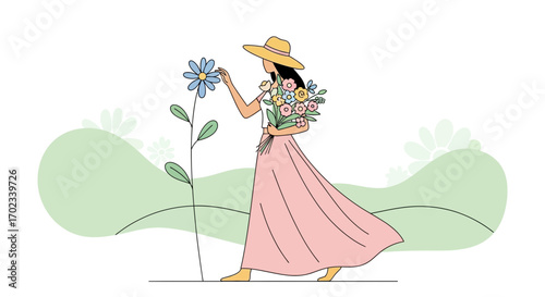 Woman In A Dress Admiring A Flower And Holding A Bouquet With A Soft Pastel Background